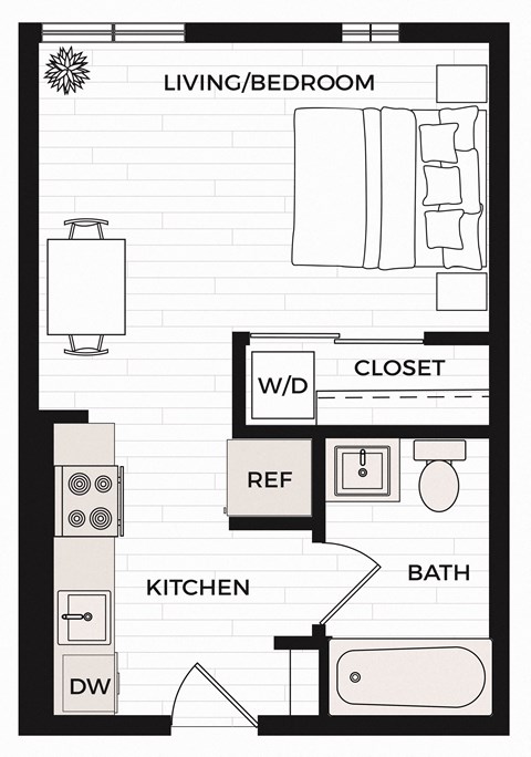 Floor plan for studio, 1 bath, 383 sqft
